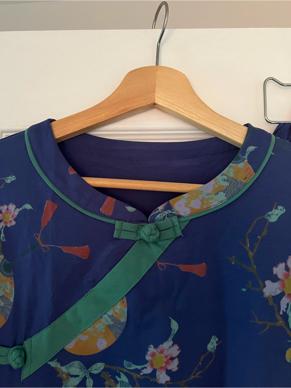 Asian inspired Navy Floral Two-Piece Pajama Set with Green Trim - Picture 3 of 12